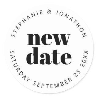 Wedding New Date Names simple text black white Classic Round Sticker