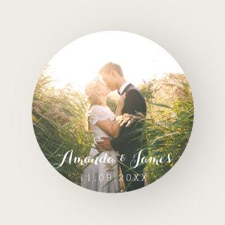 Wedding Photo Modern Whimsical Script Classic Round Sticker