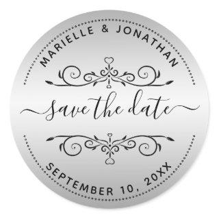 Wedding Save the Date Script Silver Return Address Classic Round Sticker
