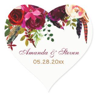Wedding Sticker - Burgundy Floral, Feathers