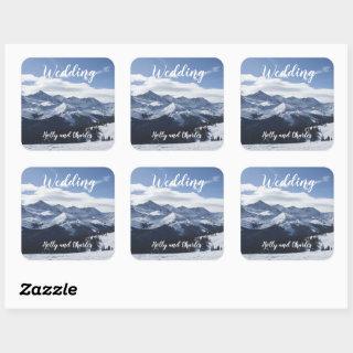 Wedding Stickers. Atmospheric Snowy Mountains Square Sticker