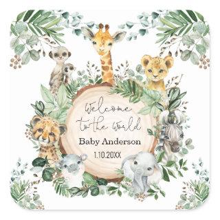 Welcome Baby Greenery Jungle Animals Favors Square Sticker