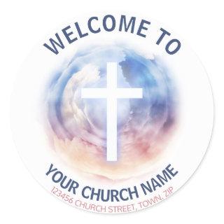 Welcome New Church Member White Crucifix Classic Round Sticker