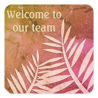 Welcome to Our Team Pink Leaf Silhouette Marbled Square Sticker