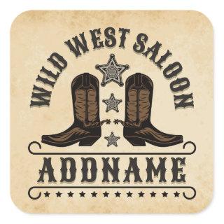 Western Cowboy Boots ADD NAME Sheriff Spurs Saloon Square Sticker
