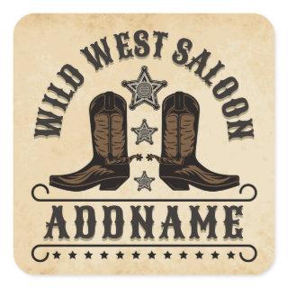 Western Cowboy Boots ADD NAME Sheriff Spurs Saloon Square Sticker