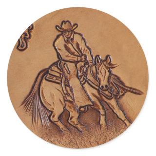 Western leather horseback Riding Rodeo Cowboy Classic Round Sticker