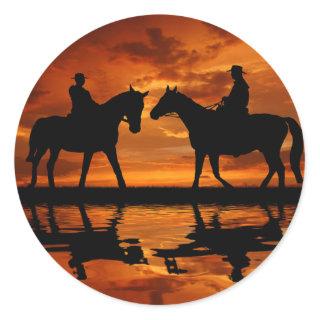Western Sunset Horseback Riding cowboy silhouette Classic Round Sticker