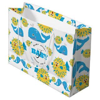 Whale & Blowfish Cartoon Baby Monogram Pattern Large Gift Bag
