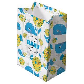 Whale & Blowfish Cartoon Baby Monogram Pattern Medium Gift Bag