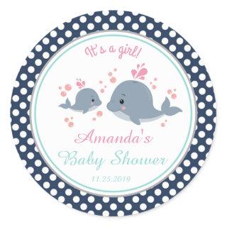 Whales Girl Baby Shower Thank You Favor Classic Round Sticker