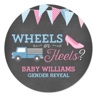 Wheels or Heels Gender Reveal Classic Round Sticker