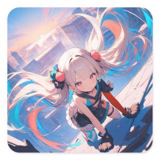 Whimsical Anime Girl in Motion Square Sticker