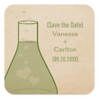 Whimsical Beaker Save the Date Stickers, Green Square Sticker