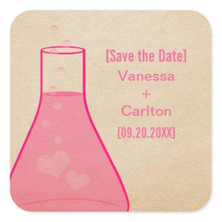 Whimsical Beaker Save the Date Stickers, Pink Square Sticker