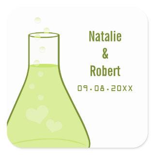 Whimsical Beaker Wedding Stickers, Green Square Sticker