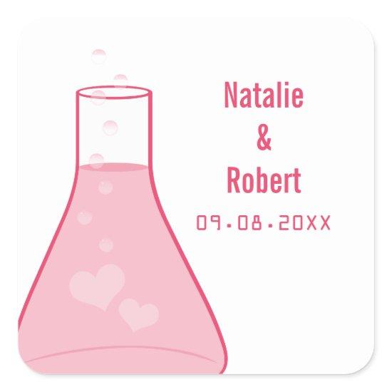 Whimsical Beaker Wedding Stickers, Pink Square Sticker