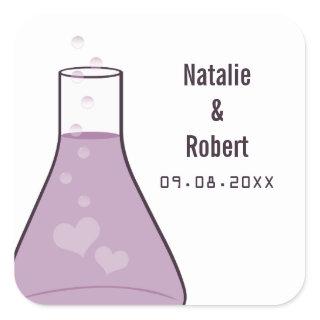 Whimsical Beaker Wedding Stickers, Purple Square Sticker