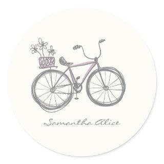 Whimsical Bicycle Illustration Lilac Gray Custom  Classic Round Sticker