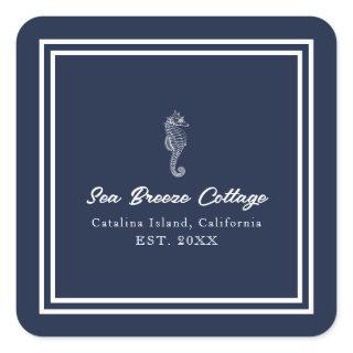 Whimsical Blue and White Seahorse Square Sticker