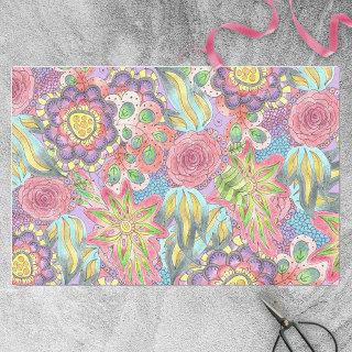 Whimsical Bohemian Colorful Flowers on Purple Tissue Paper