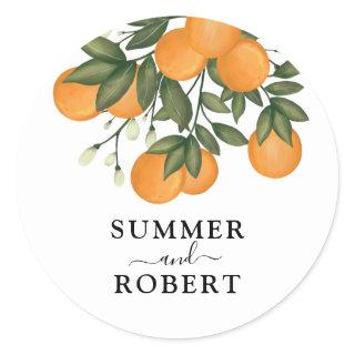 Whimsical Botanical Citrus Orange Orchard Wedding Classic Round Sticker