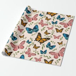 Whimsical Butterfly Pattern with Green Leaves