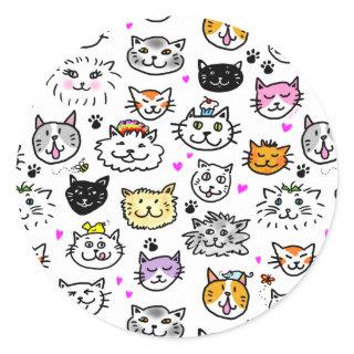 Whimsical Cat Faces Pattern Classic Round Sticker