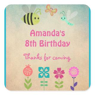 Whimsical Collection of Flowers and Bugs Birthday Square Sticker