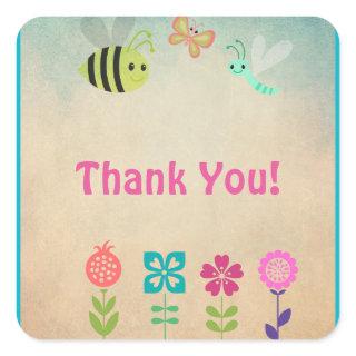 Whimsical Collection of Flowers and Bugs Thank You Square Sticker