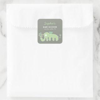 Whimsical Cute Cartoon Green Elephant Baby Shower Square Sticker
