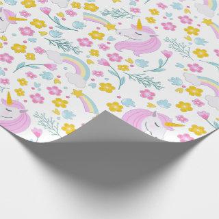 whimsical Cute Pink Unicorn Rainbow Floral Pattern