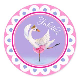 Whimsical dancing ballet swan purple personalized classic round sticker