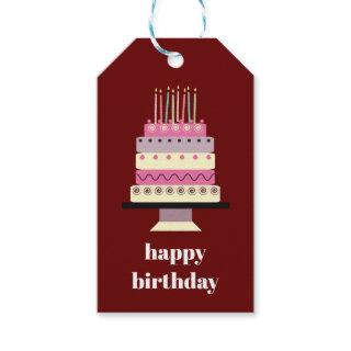 Whimsical Elegant Retro Deep Red Birthday Cake Gift Tags