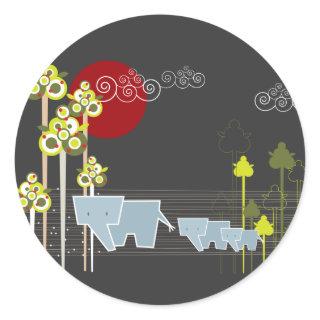 Whimsical Elephant Family In The Forest & Red Sun Classic Round Sticker