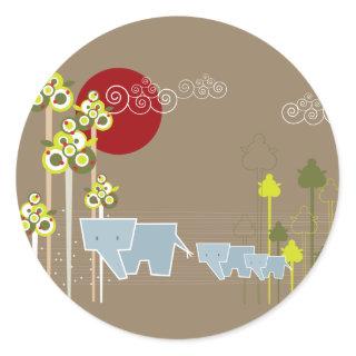 Whimsical Elephant Family In The Forest & Red Sun Classic Round Sticker