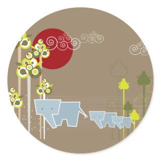 Whimsical Elephant Family In The Forest & Red Sun Classic Round Sticker