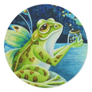 Whimsical Fairy Frogs & Fireflies Watercolor Art Classic Round Sticker
