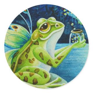 Whimsical Fairy Frogs & Fireflies Watercolor Art Classic Round Sticker