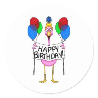 Whimsical Flamingo Happy Birthday Balloons Classic Round Sticker