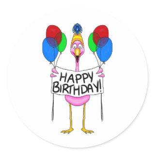 Whimsical Flamingo Happy Birthday Balloons Classic Round Sticker