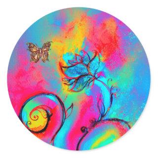 WHIMSICAL FLOWERS AND GOLD  BUTTERFLY CLASSIC ROUND STICKER