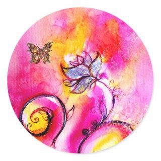 WHIMSICAL FLOWERS AND GOLD  BUTTERFLY CLASSIC ROUND STICKER
