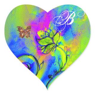 WHIMSICAL FLOWERS AND GOLD  BUTTERFLY MONOGRAM HEART STICKER