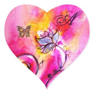 WHIMSICAL FLOWERS AND GOLD  BUTTERFLY MONOGRAM HEART STICKER
