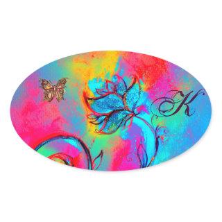 WHIMSICAL FLOWERS, GOLD BUTTERFLY OVALE  MONOGRAM OVAL STICKER
