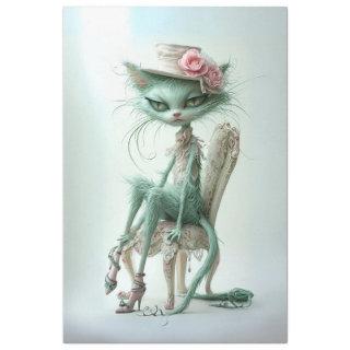 Whimsical Furry Sage Green Cat Decoupage Tissue Paper