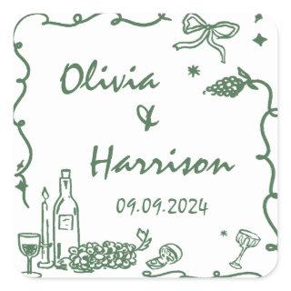 Whimsical Green Hand Drawn Wedding Square Sticker