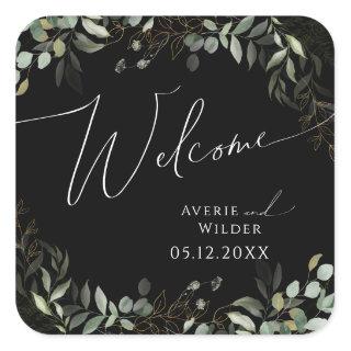 Whimsical Greenery Black and Gold Wedding Welcome Square Sticker