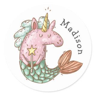 Whimsical Mermaid Unicorn with Name Classic Round Sticker